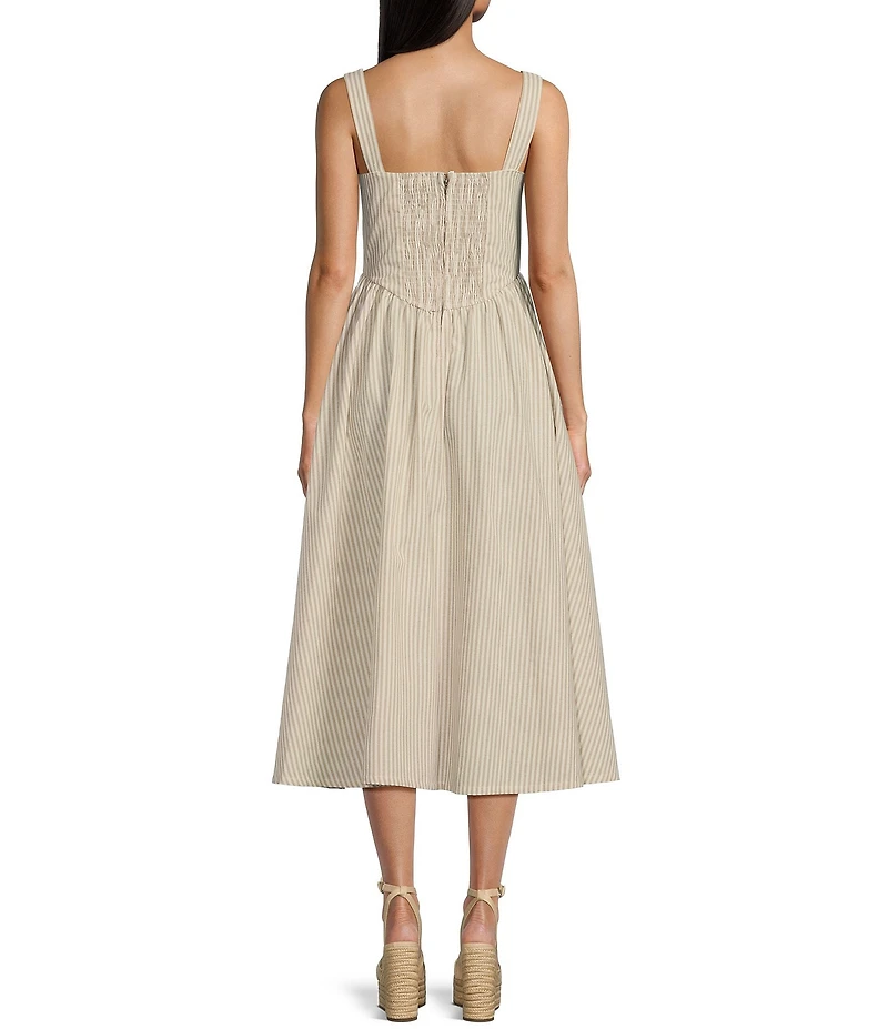 TCEC Stripe Print Square Neck Sleeveless Corset Midi Dress