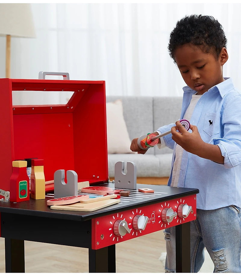 Teamson Kids Little Helper Backyard BBQ Grill Playset with 26 Cooking Accessories