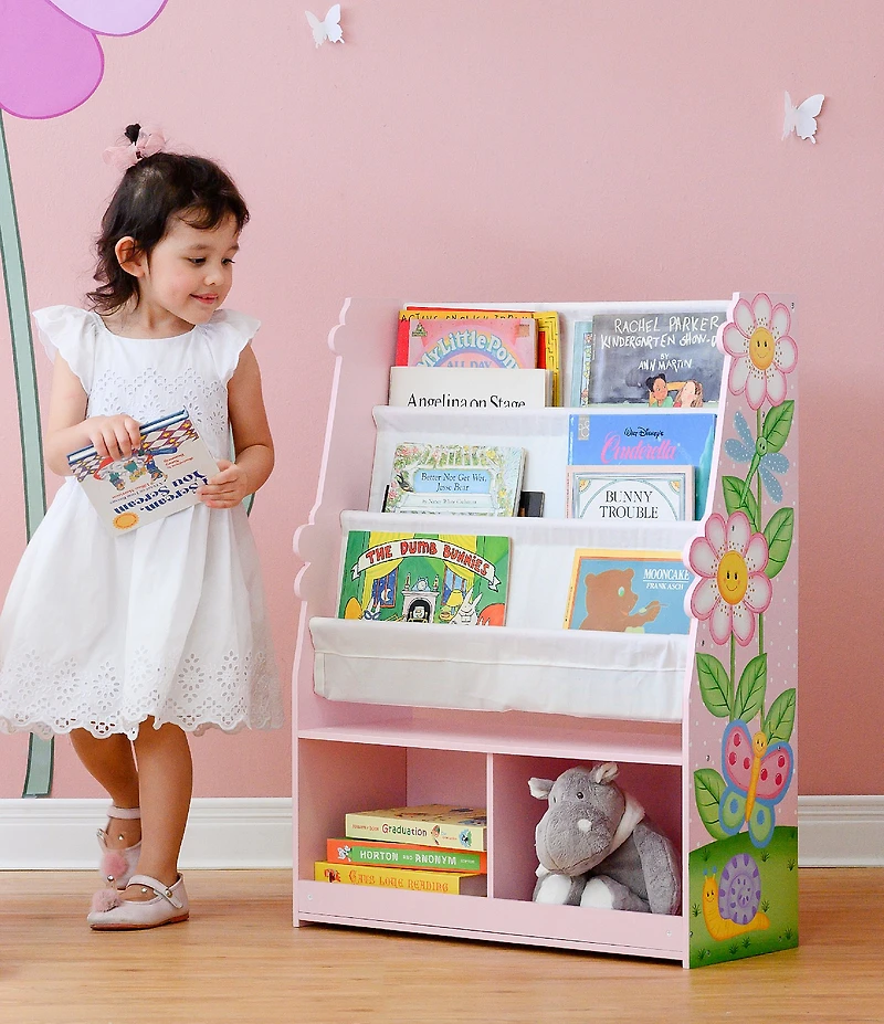 Teamson Kids Magic Garden Wooden Sling Bookshelf with Storage Cubbies