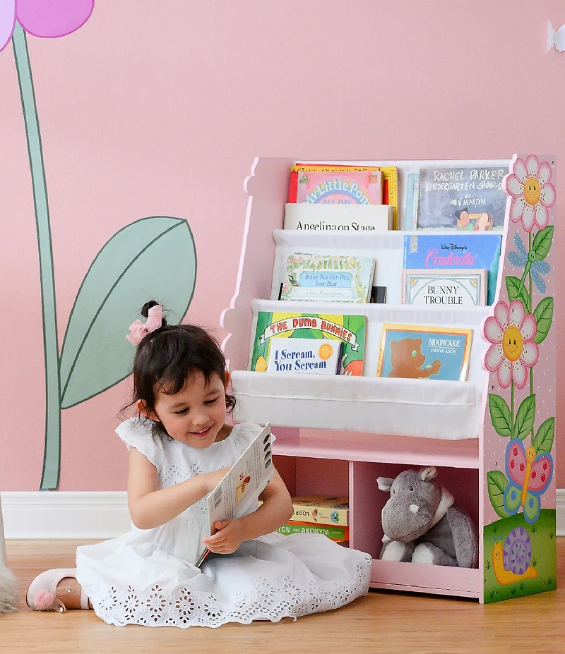 Teamson Kids Magic Garden Wooden Sling Bookshelf with Storage Cubbies