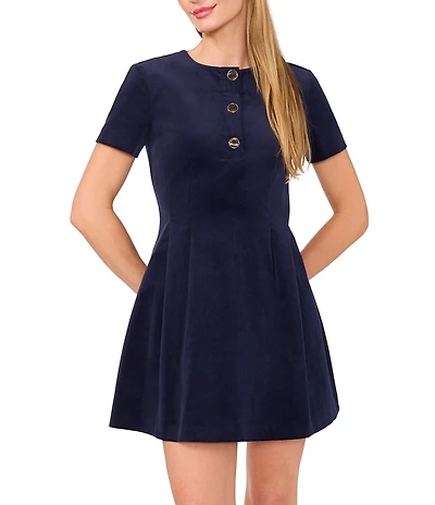 Ted Baker London Corduroy Round Neck Short Sleeve A-Line Mini Dress