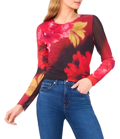 Ted Baker London Floral Mesh Crew Neck Long Sleeve Top