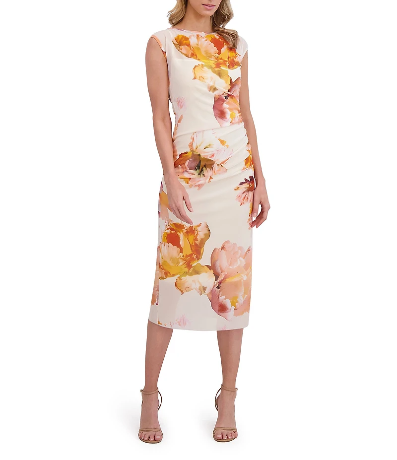 Ted Baker London Floral Mesh Round Neck Cap Sleeve Midi Dress