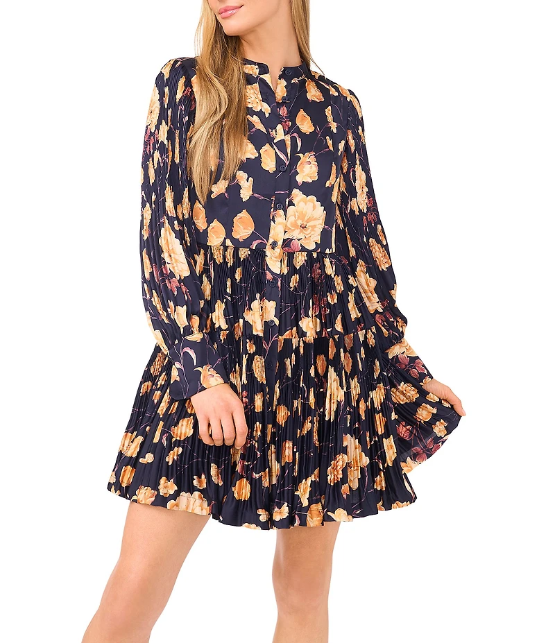 Ted Baker London Floral Print Round Neck Long Sleeve Tiered Mini Dress