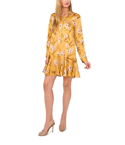 Ted Baker London Floral Print Satin Point Collar Long Sleeve Ruffle Hem Dress