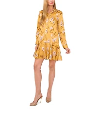 Ted Baker London Floral Print Satin Point Collar Long Sleeve Ruffle Hem Dress
