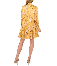Ted Baker London Floral Print Satin Point Collar Long Sleeve Ruffle Hem Dress