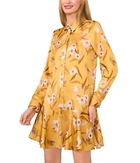 Ted Baker London Floral Print Satin Point Collar Long Sleeve Ruffle Hem Dress