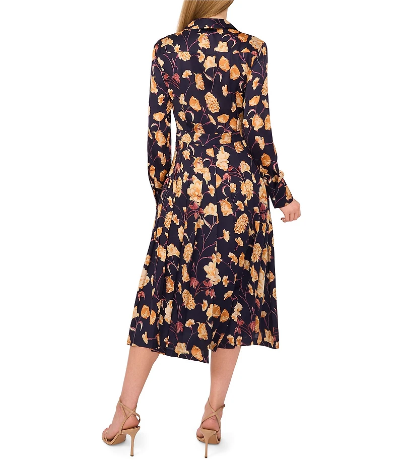 Ted Baker London Floral Printed Georgette Point Collar Long Sleeve Button Front Midi Dress