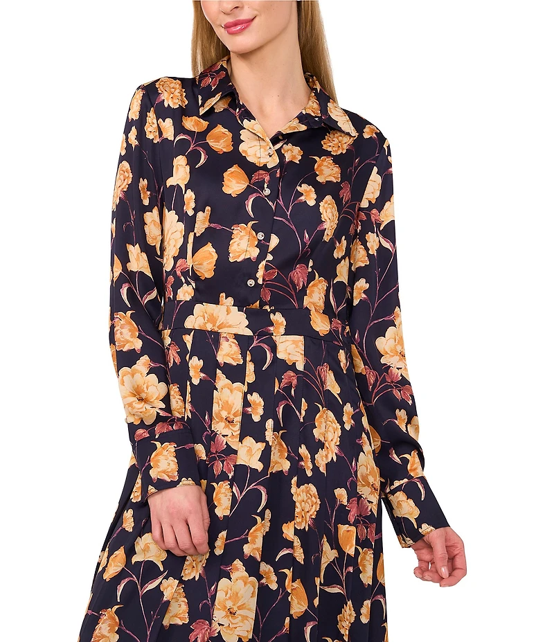 Ted Baker London Floral Printed Georgette Point Collar Long Sleeve Button Front Midi Dress