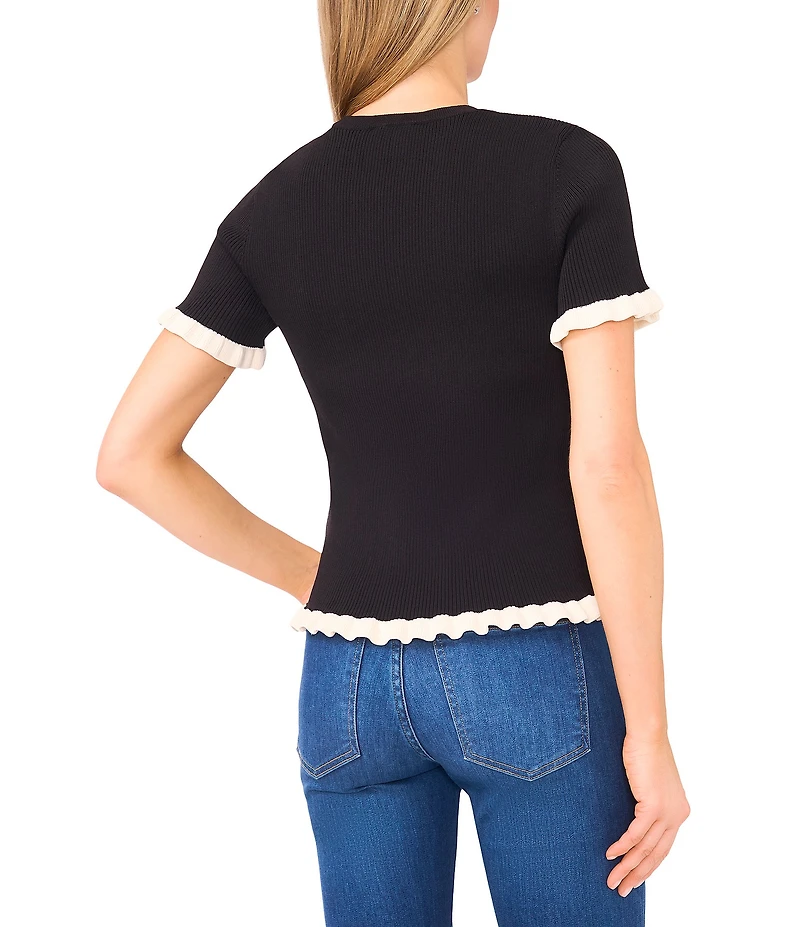 Ted Baker London Knit Round Neck Short Sleeve Ruffle Trim Top