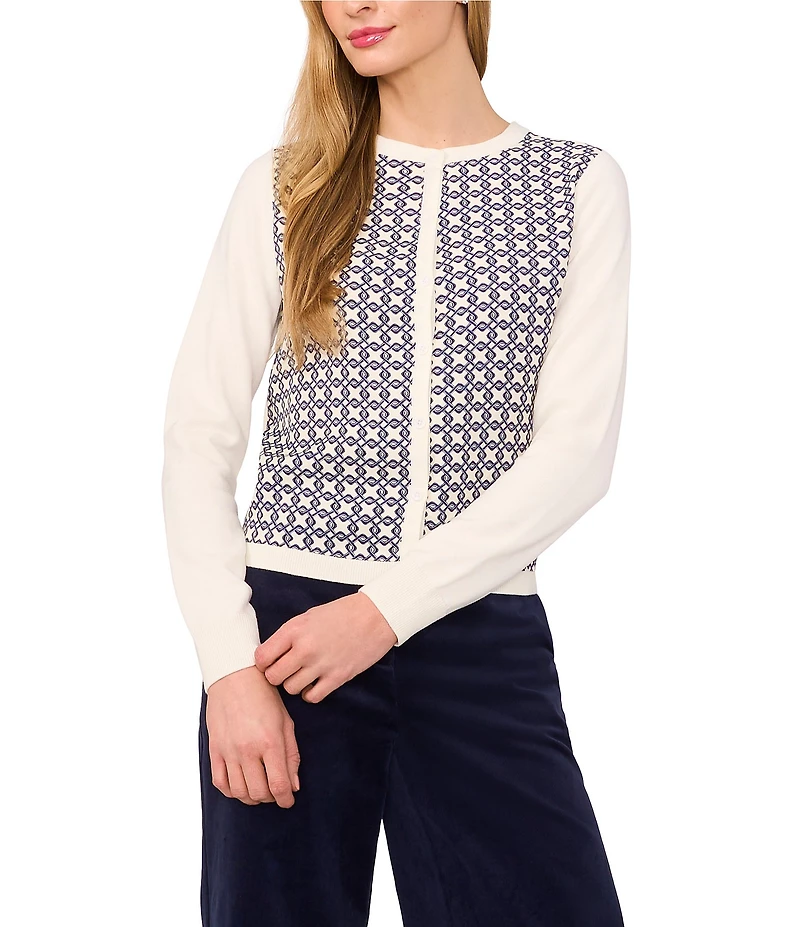 Ted Baker London Printed Knit Crew Neck Long Sleeve Cardigan