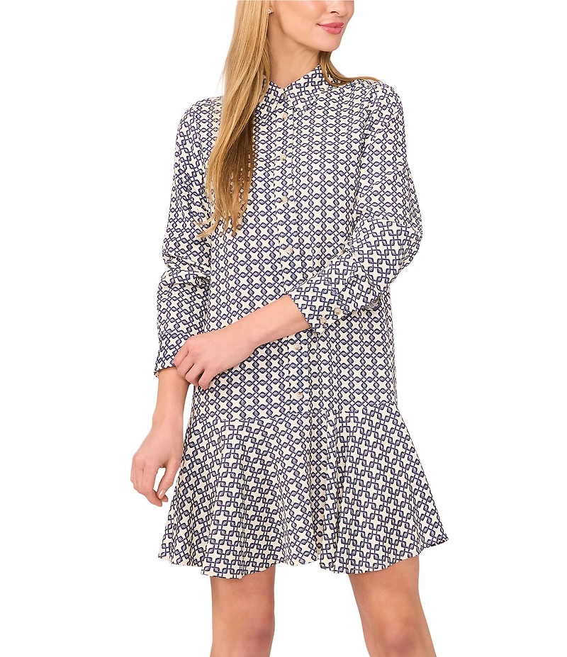 Ted Baker London Printed Twill Point Collar Long Sleeve Ruffle Hem Dress