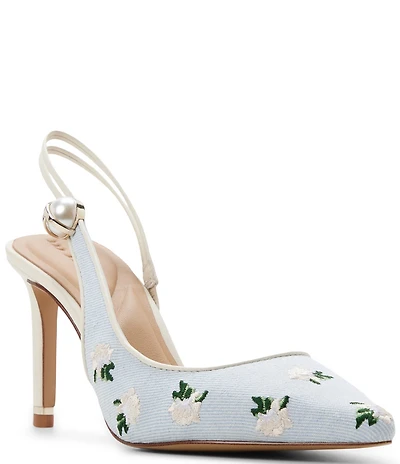 Ted Baker London Sadie Floral Embroidered Denim Pearl Ornament Slingback Pumps