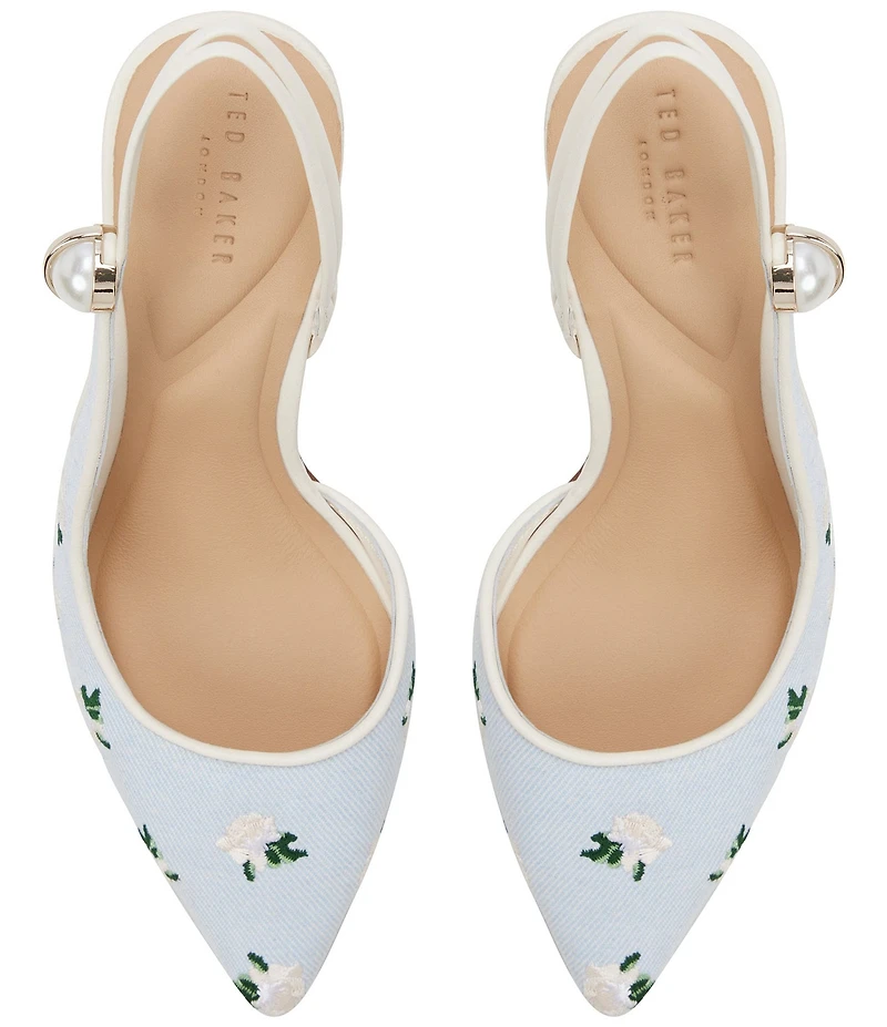 Ted Baker London Sadie Floral Embroidered Denim Pearl Ornament Slingback Pumps