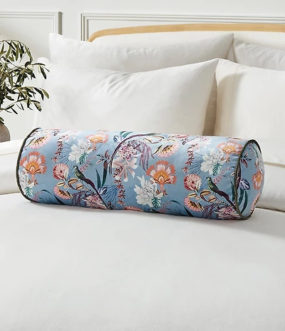 Ted Baker London Tropical Floral Birds Printed Velvet Bolster Decorative Pillow