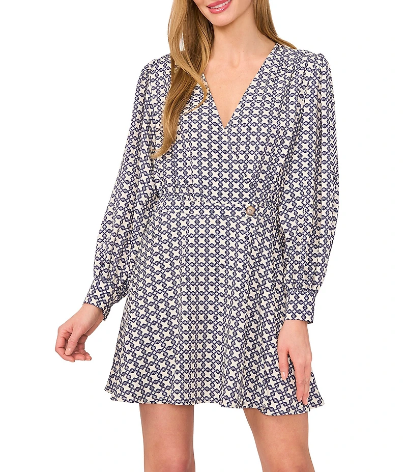 Ted Baker London Wrap Printed Twill V-Neck Long Sleeve Wrap Mini Dress