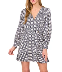 Ted Baker London Wrap Printed Twill V-Neck Long Sleeve Wrap Mini Dress