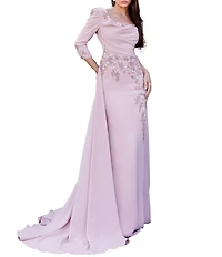Terani Couture Matte Satin Square Neck 3/4 Sleeve Applique Over Skirt Gown