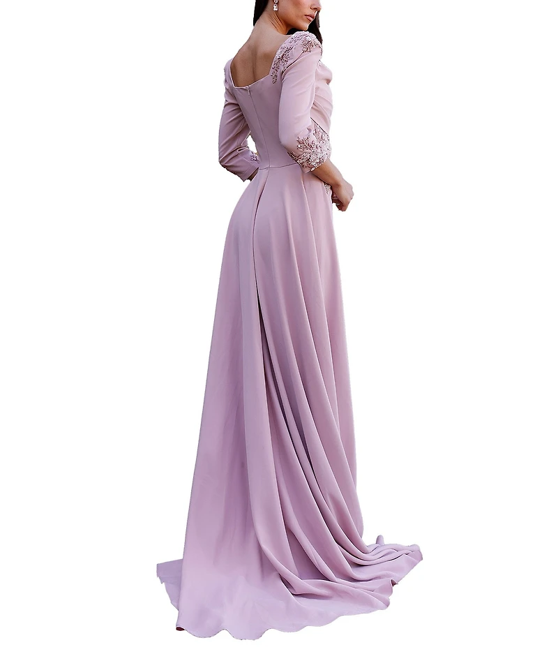 Terani Couture Matte Satin Square Neck 3/4 Sleeve Applique Over Skirt Gown