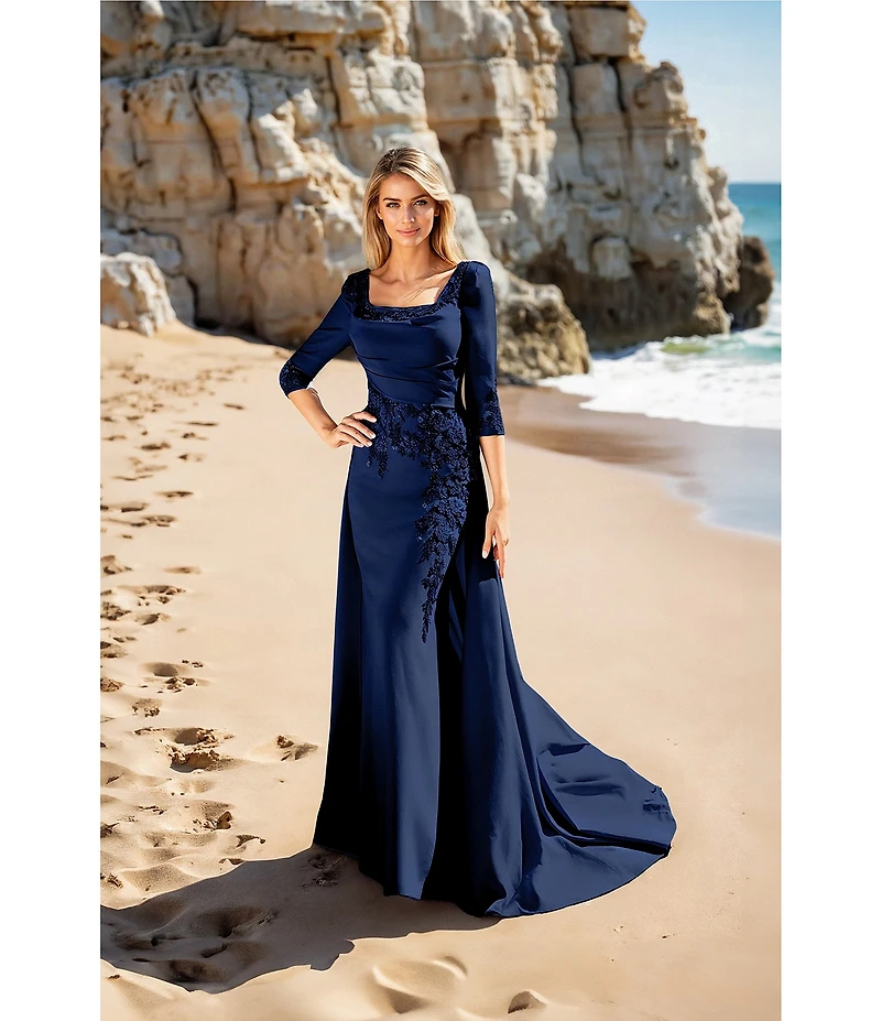 Terani Couture Matte Satin Square Neck 3/4 Sleeve Applique Over Skirt Gown
