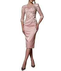 Terani Couture 3/4 Sleeve Illusion Neck Lace Knee Length Dress