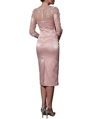 Terani Couture 3/4 Sleeve Illusion Neck Lace Knee Length Dress