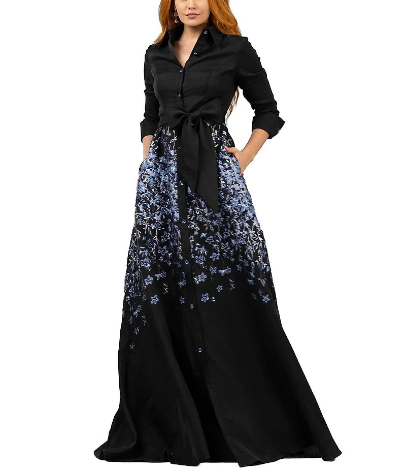 Terani Couture 3/4 Sleeve Long Shirt Maxi Dress