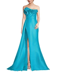 Terani Couture 3D Floral Strapless Stretch Mikado Drape Front Sheath Gown