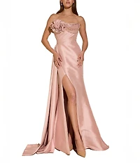 Terani Couture 3D Floral Strapless Stretch Mikado Drape Front Sheath Gown