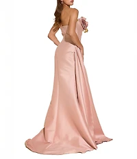Terani Couture 3D Floral Strapless Stretch Mikado Drape Front Sheath Gown