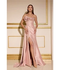 Terani Couture 3D Floral Strapless Stretch Mikado Drape Front Sheath Gown