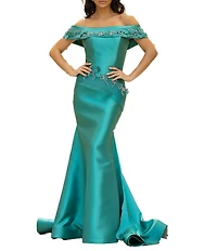 Terani Couture 3D Flower Beaded Off The Shoulder Dress