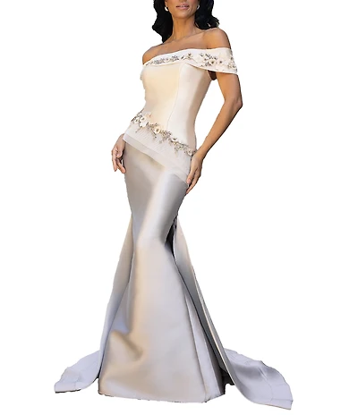Terani Couture 3D Flower Beaded Off The Shoulder Dress