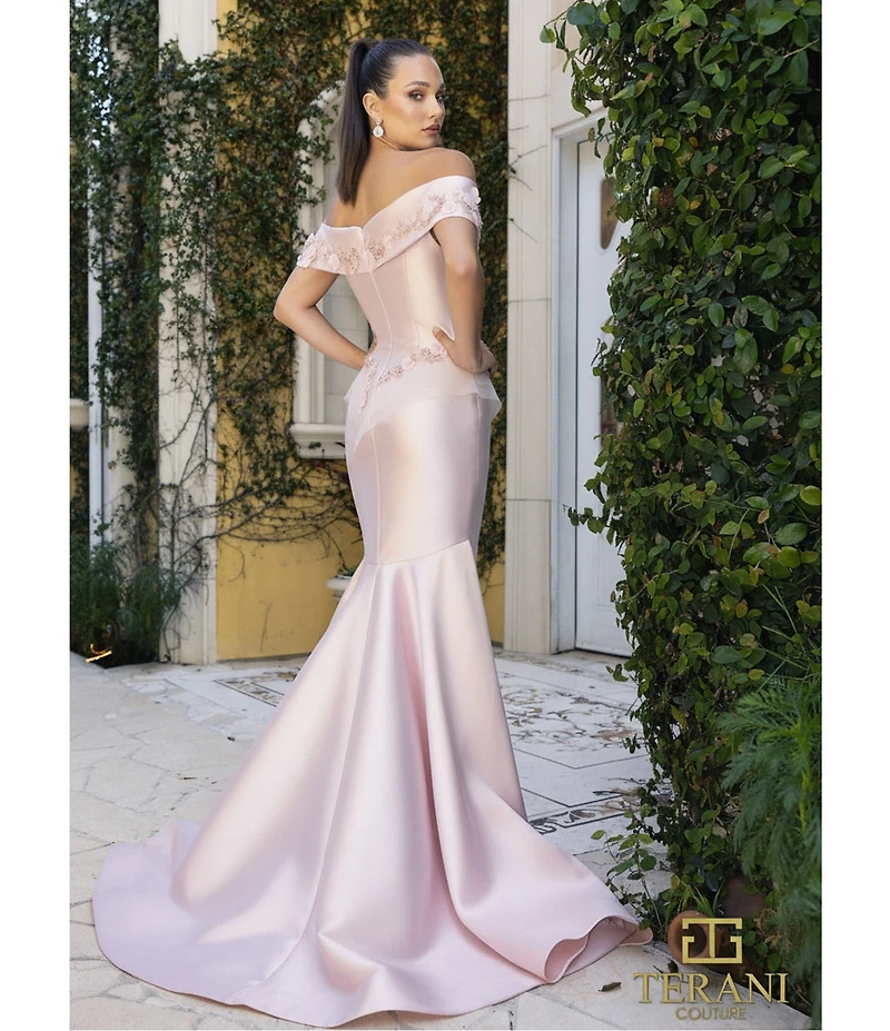 Terani Couture 3D Flower Beaded Off The Shoulder Dress