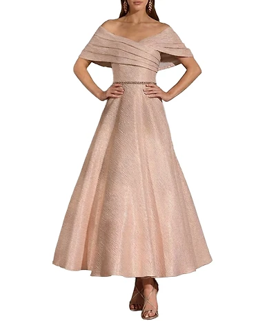 Terani Couture Ankle Length Off The Shoulder Jacquard Gown