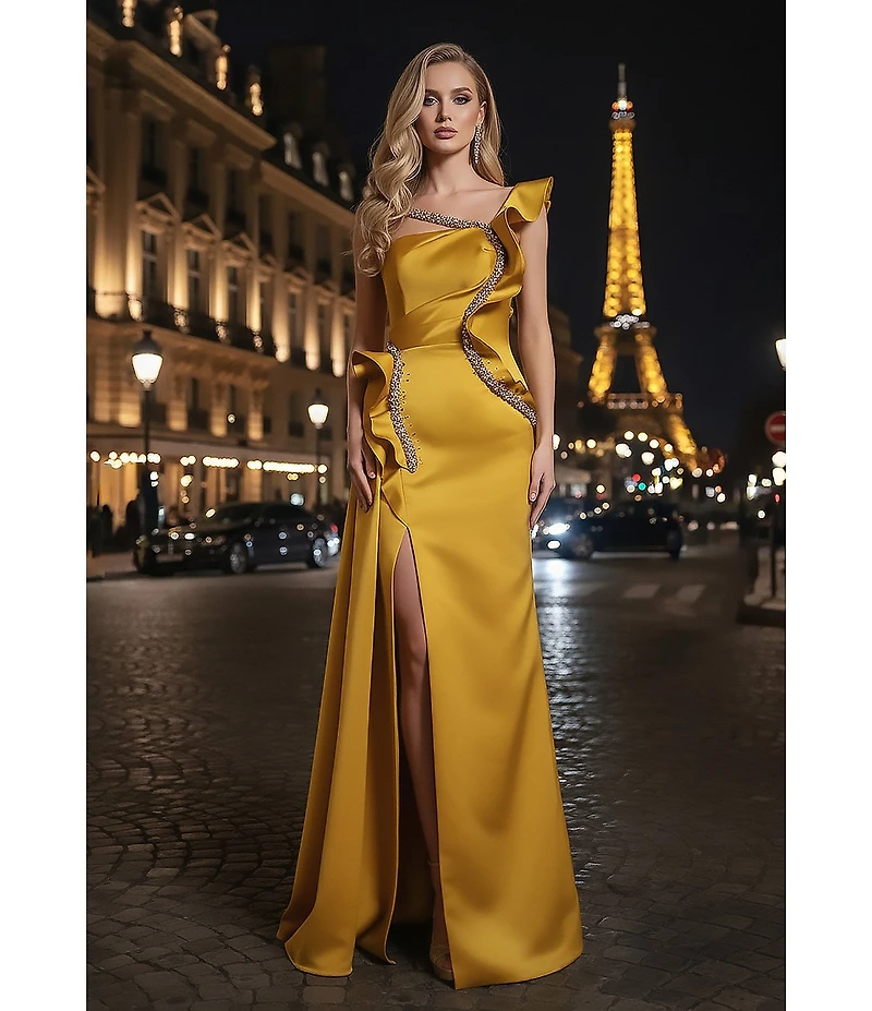 Terani Couture Asymmetric One Shoulder Beaded Gown