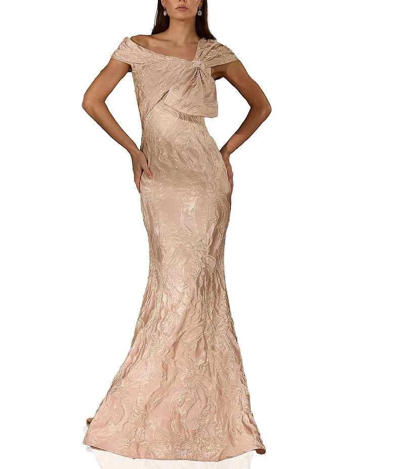 Terani Couture Asymmetrical Neck Bow Detail Jacquard Mermaid Gown