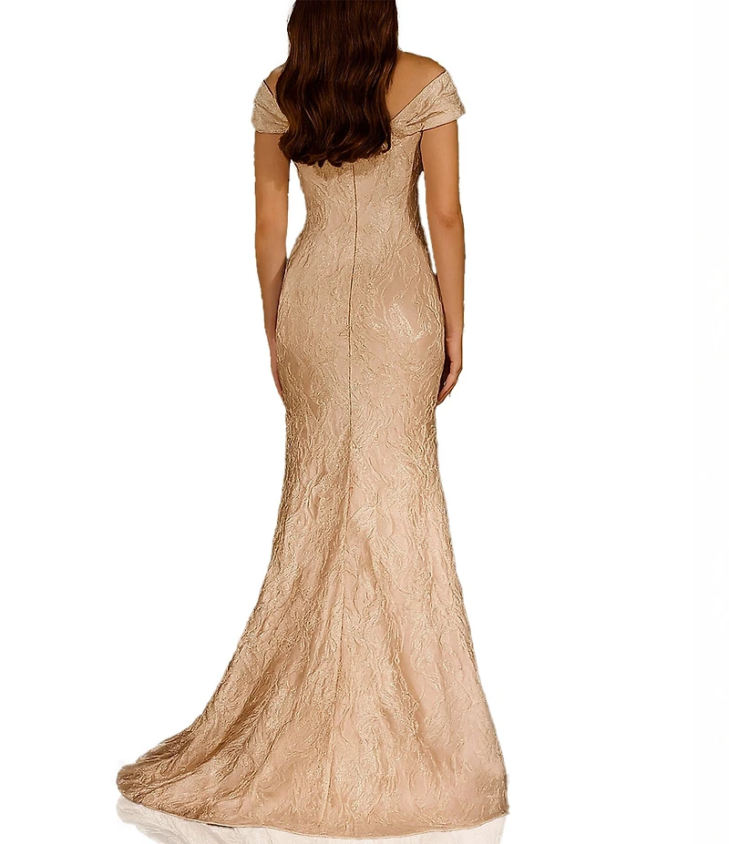 Terani Couture Asymmetrical Neck Bow Detail Jacquard Mermaid Gown