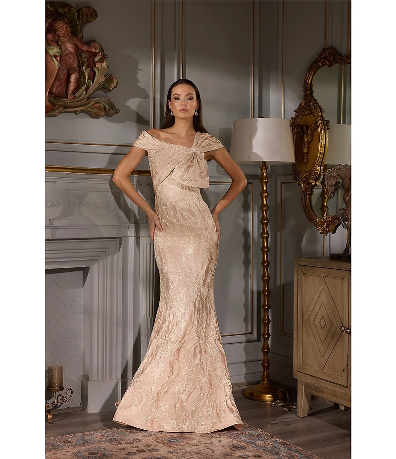 Terani Couture Asymmetrical Neck Bow Detail Jacquard Mermaid Gown