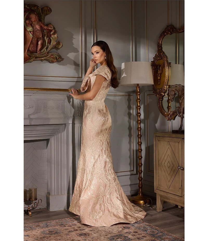 Terani Couture Asymmetrical Neck Bow Detail Jacquard Mermaid Gown