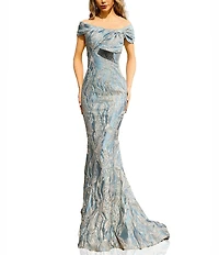 Terani Couture Asymmetrical Neck Bow Detail Jacquard Mermaid Gown