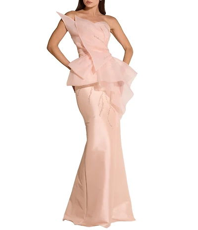 Terani Couture Asymmetrical Neck Strapless Sheath Long Gown