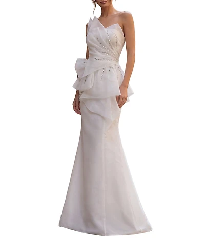 Terani Couture Asymmetrical Neck Strapless Sheath Long Gown