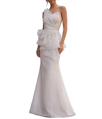 Terani Couture Asymmetrical Neck Strapless Sheath Long Gown