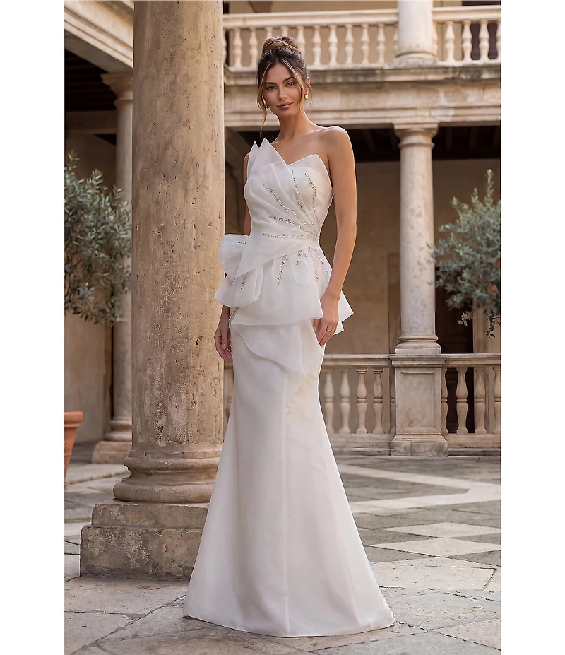 Terani Couture Asymmetrical Neck Strapless Sheath Long Gown