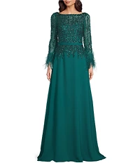 Terani Couture Cascade Beaded Boat Neck Feather Cuff Sleeve Belted A-Line Gown