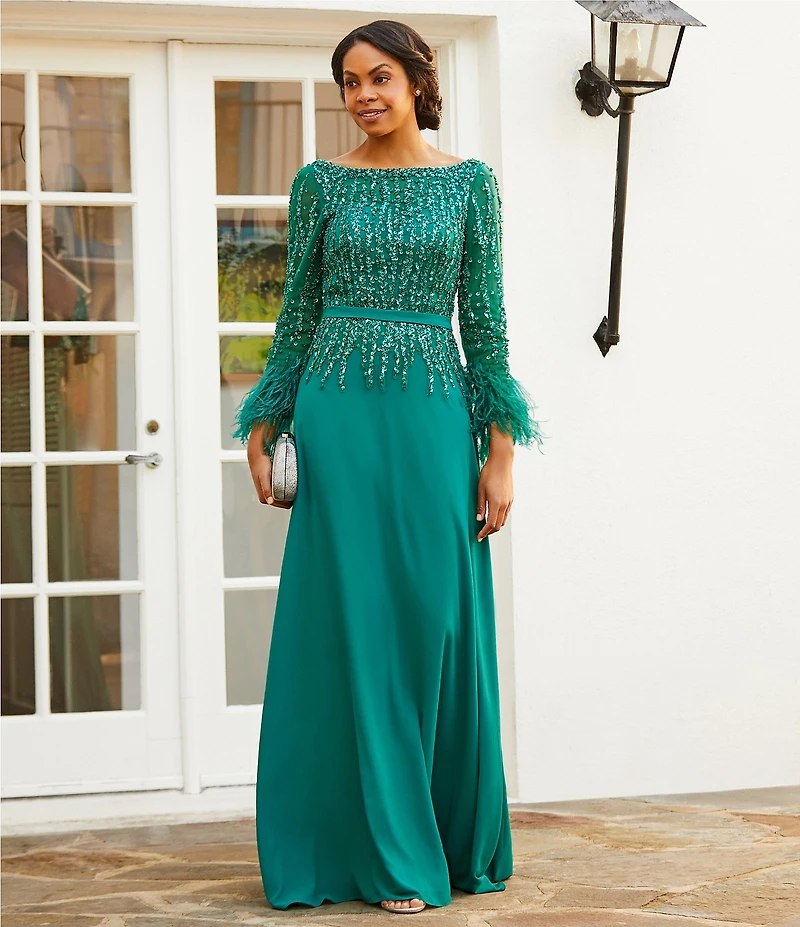 Terani Couture Cascade Beaded Boat Neck Feather Cuff Sleeve Belted A-Line Gown