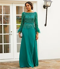Terani Couture Cascade Beaded Boat Neck Feather Cuff Sleeve Belted A-Line Gown