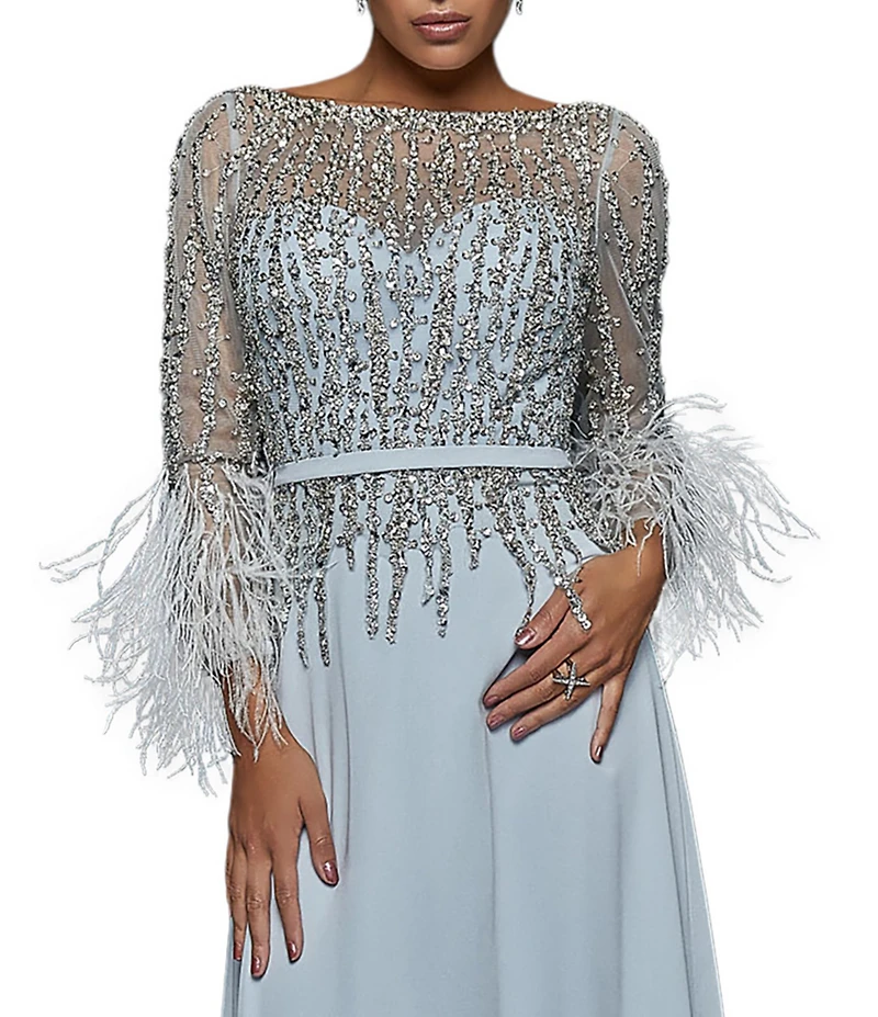 Terani Couture Cascade Beaded Boat Neck Feather Cuff Sleeve Belted A-Line Gown